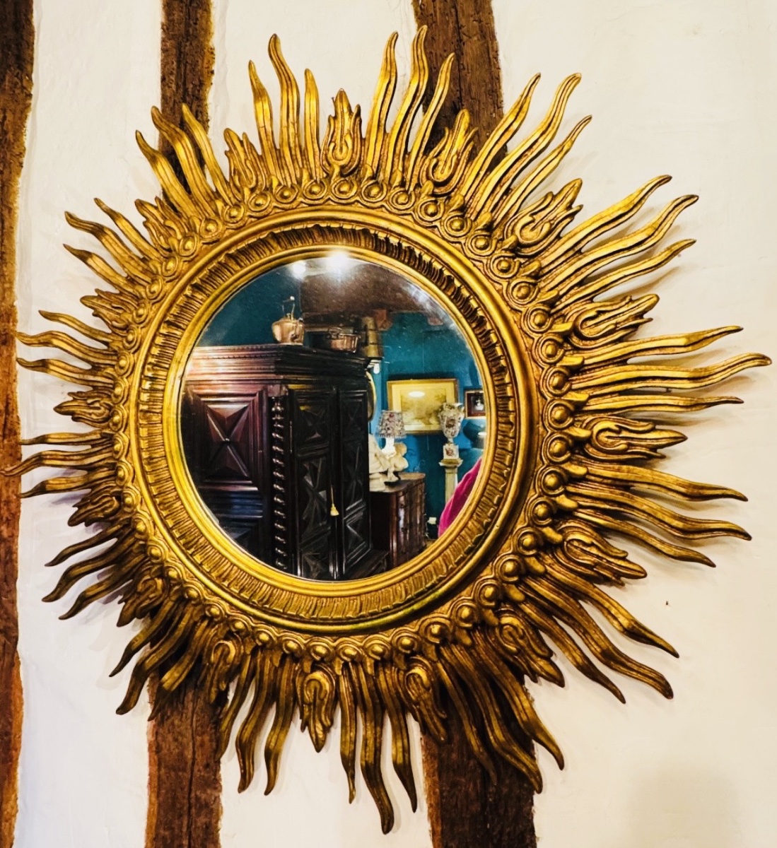 Important Golden Wood Sun Mirror, Large Size - XXth Century - ø 125 Cm