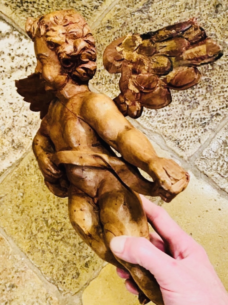 ANGE AU PHYLACTÈRE EN BOIS FRUITIER DU XVIII EME SIÈCLE-photo-3