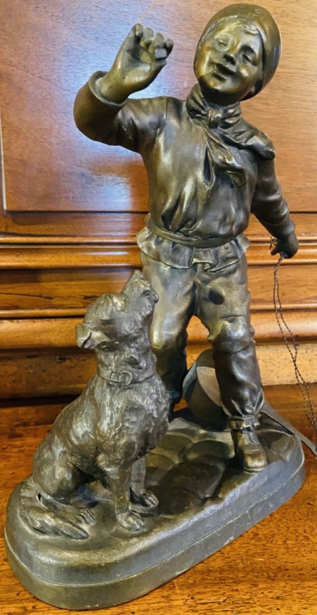 « LA RÉCOMPENSE », JEUNE GARÇON AU CHIEN PAR GEORGES MAXIM, RÉGULE DÉBUT DU XX EME SIÈCLE