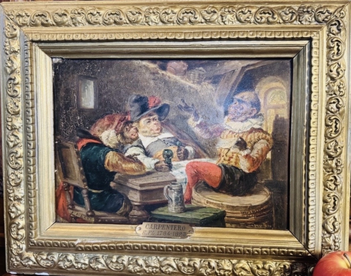 Monkey, 19th-century Oil On Panel-photo-5