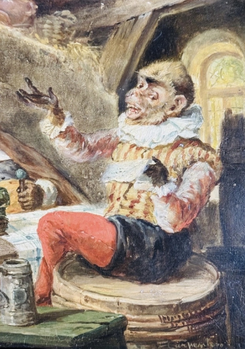Monkey, 19th-century Oil On Panel-photo-8