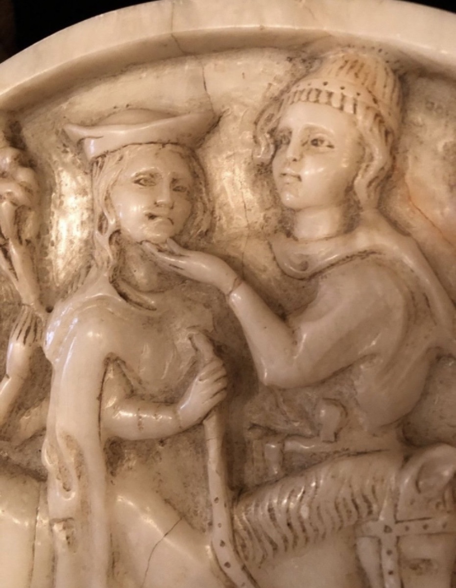 L’amour Courtois, Grand Tondo Sculpté En Albâtre En Fort Relief Du XIXème Siècle.-photo-4
