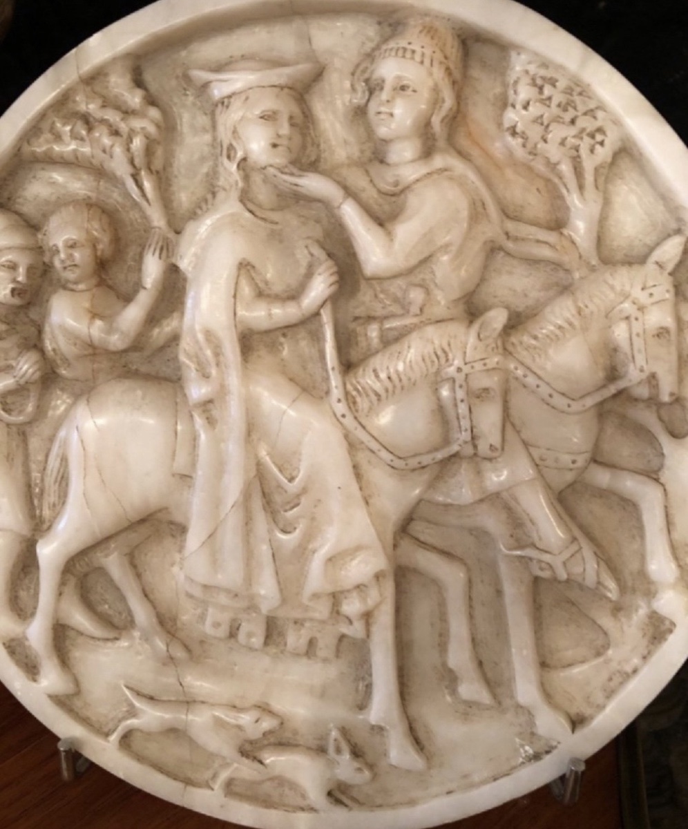 L’amour Courtois, Grand Tondo Sculpté En Albâtre En Fort Relief Du XIXème Siècle.-photo-2