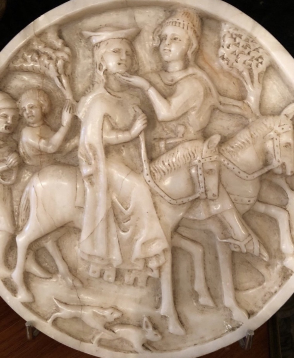 L’amour Courtois, Grand Tondo Sculpté En Albâtre En Fort Relief Du XIXème Siècle.-photo-4
