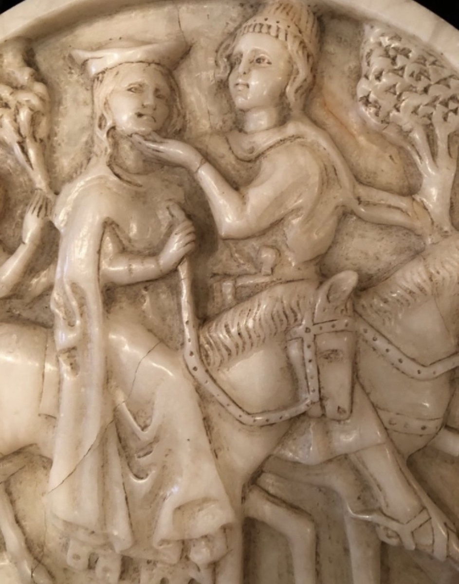 L’amour Courtois, Grand Tondo Sculpté En Albâtre En Fort Relief Du XIXème Siècle.-photo-5