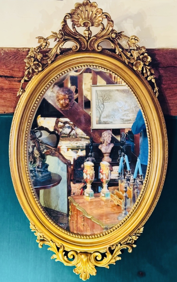 siècle  Grand miroir ovale en bois et stuc doré, deuxième moitié du XIX eme siècle -photo-8    -photo-2