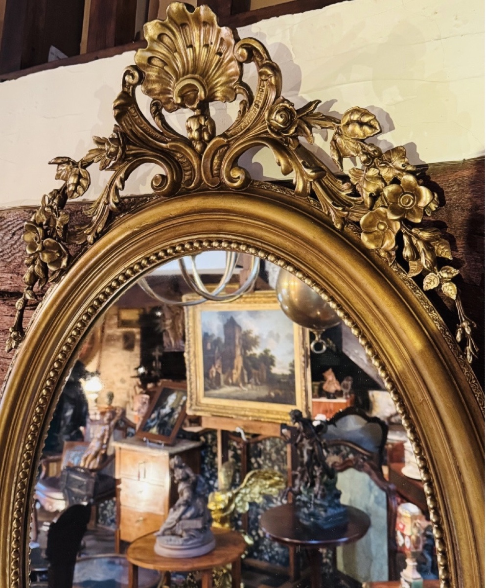 siècle  Grand miroir ovale en bois et stuc doré, deuxième moitié du XIX eme siècle -photo-8    -photo-1