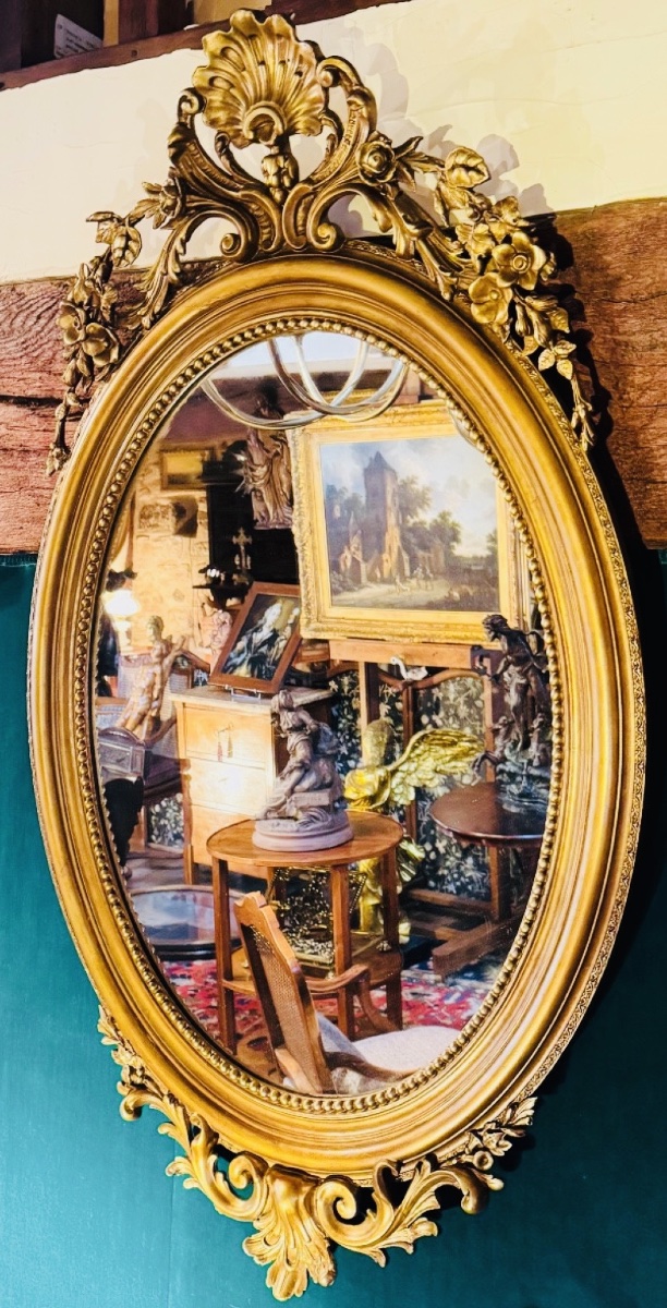 siècle  Grand miroir ovale en bois et stuc doré, deuxième moitié du XIX eme siècle -photo-8    -photo-2
