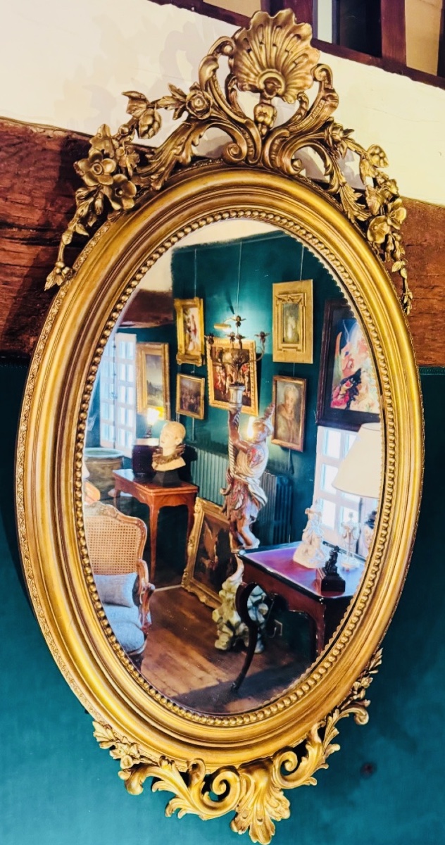 siècle  Grand miroir ovale en bois et stuc doré, deuxième moitié du XIX eme siècle -photo-8    -photo-5