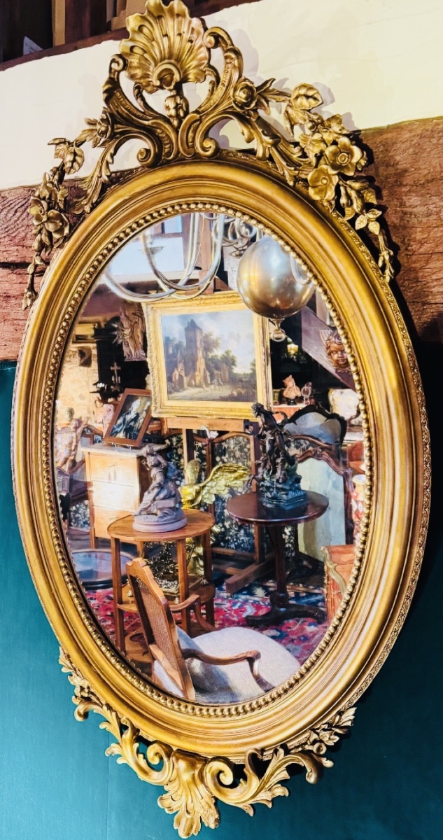 siècle  Grand miroir ovale en bois et stuc doré, deuxième moitié du XIX eme siècle -photo-8    -photo-6