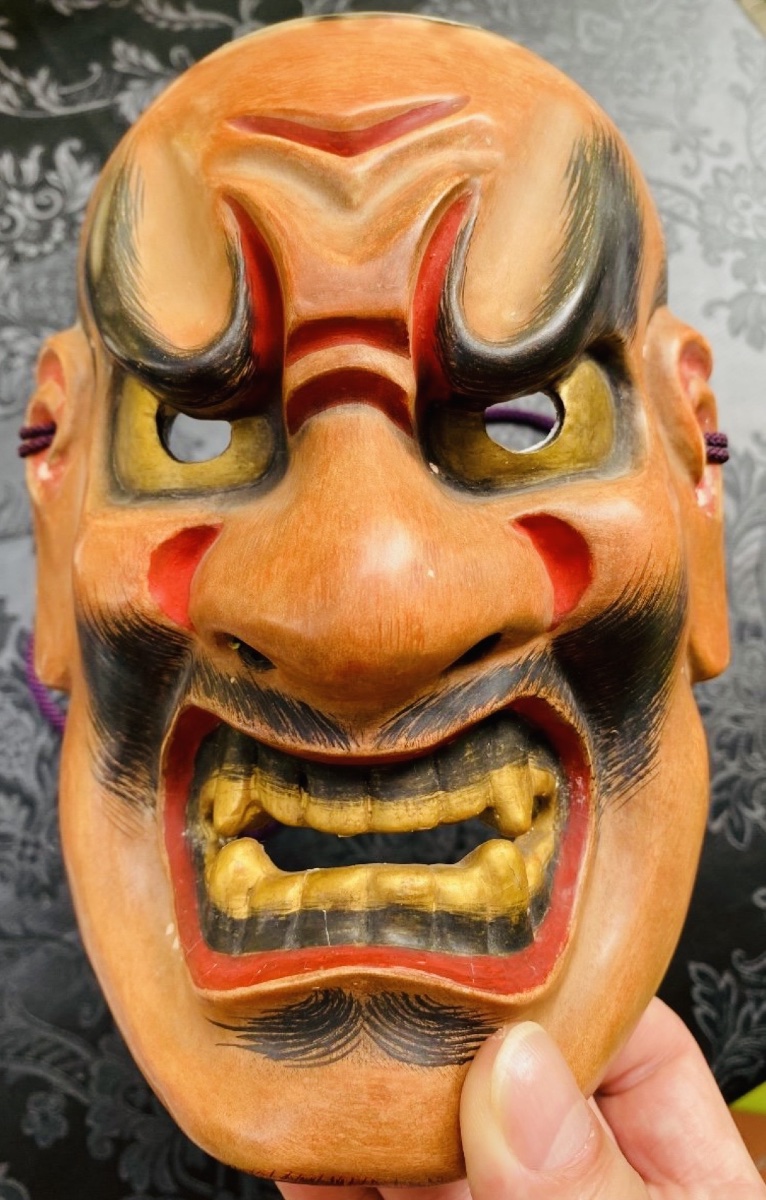 JAPON, MASQUE DE THÉÂTRE NOH EN BOIS LAQUÉ ÈRE MEIJI, DÉMON SHIKAMI OU ONI-photo-2