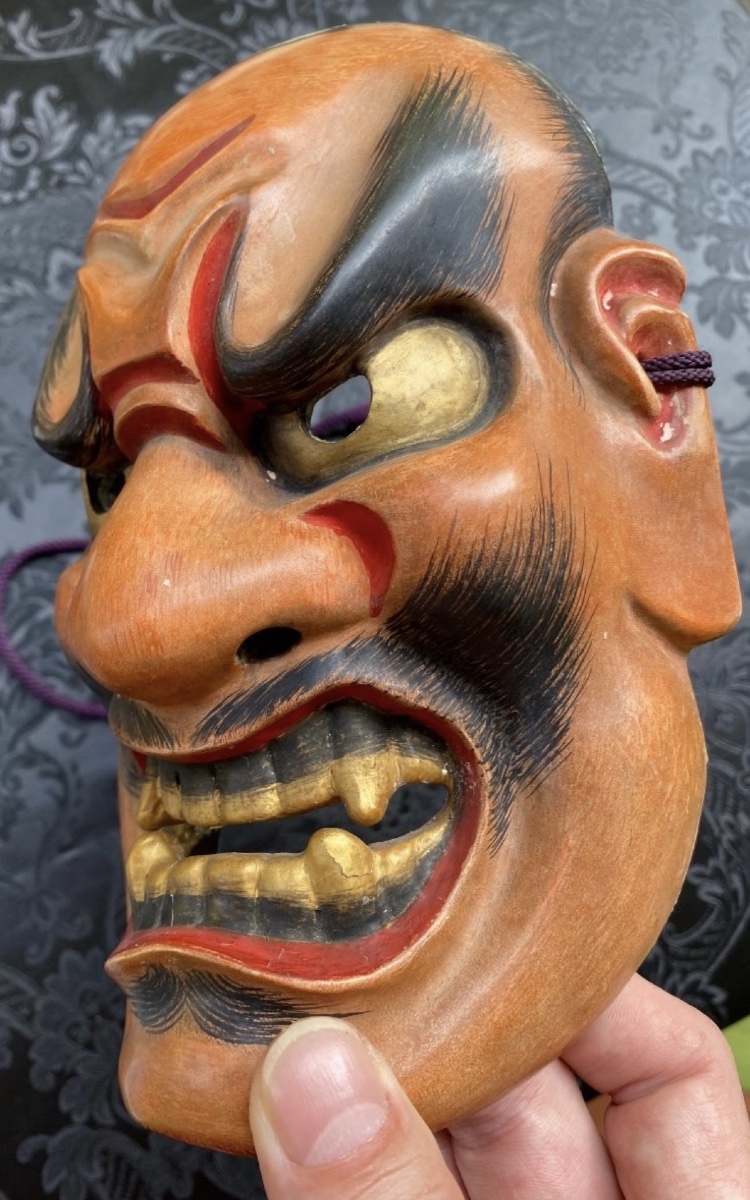 JAPON, MASQUE DE THÉÂTRE NOH EN BOIS LAQUÉ ÈRE MEIJI, DÉMON SHIKAMI OU ONI-photo-3