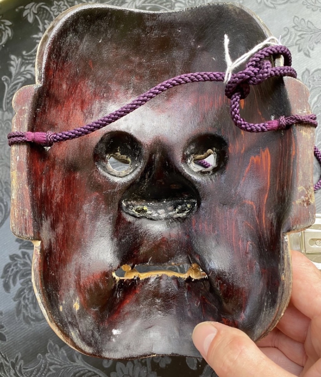 JAPON, MASQUE DE THÉÂTRE NOH EN BOIS LAQUÉ ÈRE MEIJI, DÉMON SHIKAMI OU ONI-photo-4