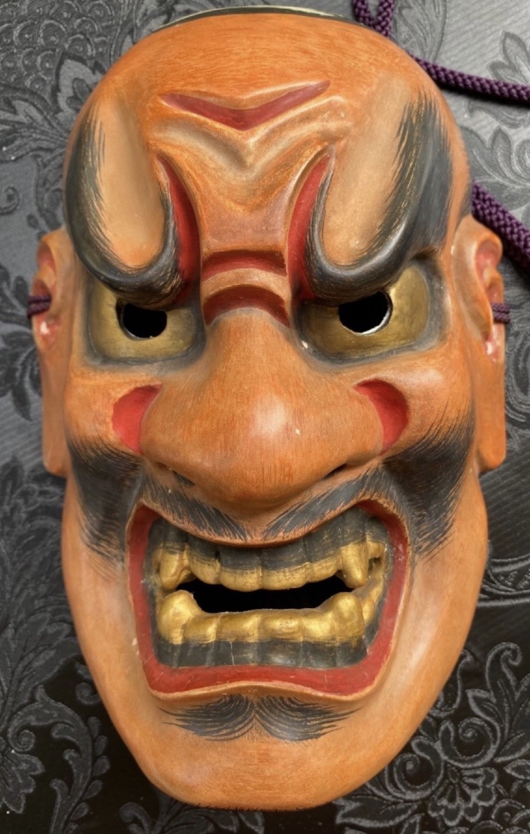 JAPON, MASQUE DE THÉÂTRE NOH EN BOIS LAQUÉ ÈRE MEIJI, DÉMON SHIKAMI OU ONI-photo-5