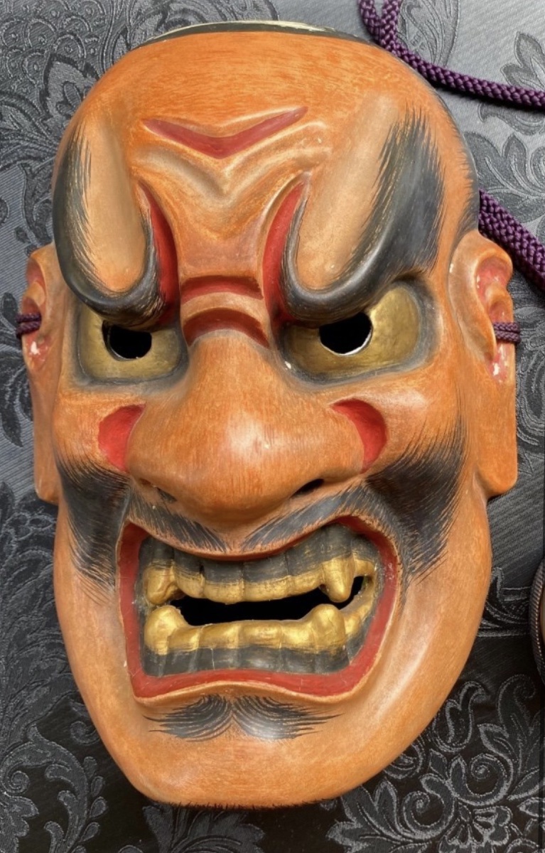 JAPON, MASQUE DE THÉÂTRE NOH EN BOIS LAQUÉ ÈRE MEIJI, DÉMON SHIKAMI OU ONI