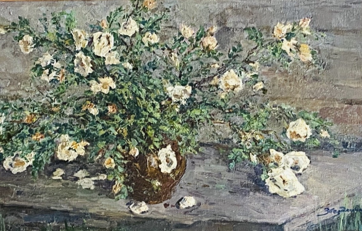 Russian School, Dated 1985, Vase With A Bouquet Of White Roses-photo-2