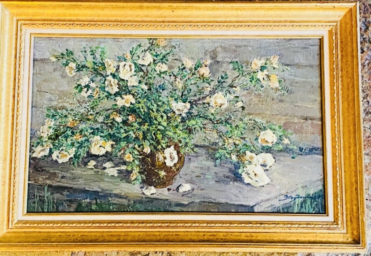 Russian School, Dated 1985, Vase With A Bouquet Of White Roses