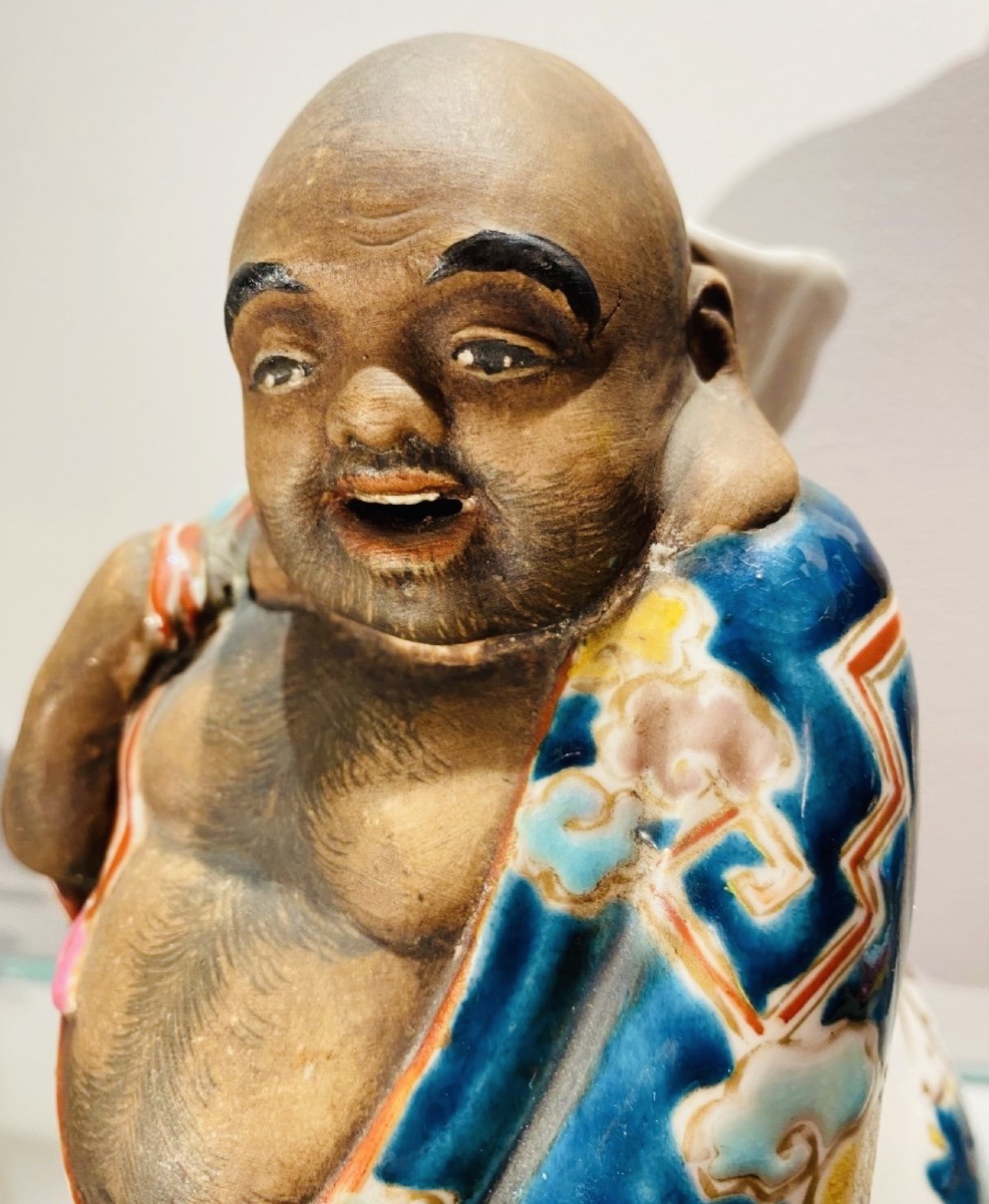 DIEU DU BONHEUR, JAPON VASE SOLIFLORE EN GRÈS ÉMAILLÉ-photo-2