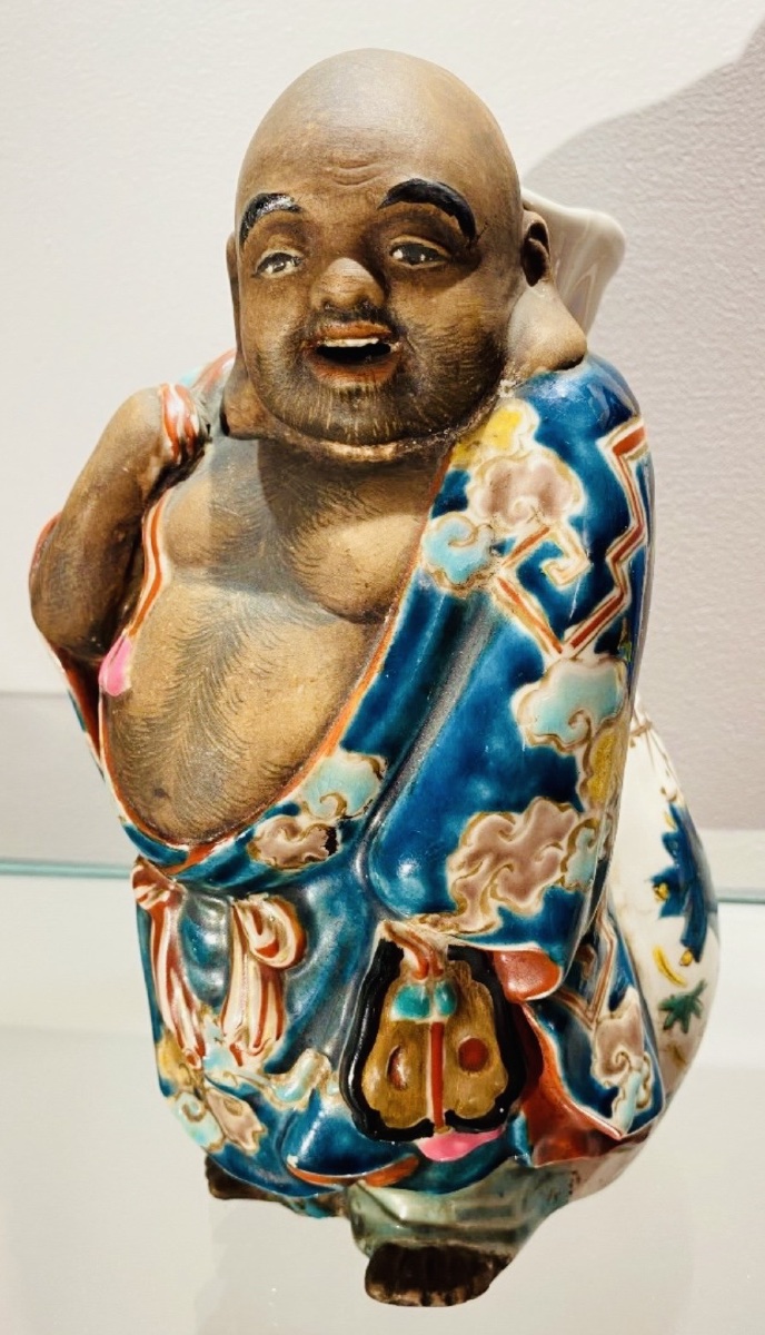 DIEU DU BONHEUR, JAPON VASE SOLIFLORE EN GRÈS ÉMAILLÉ