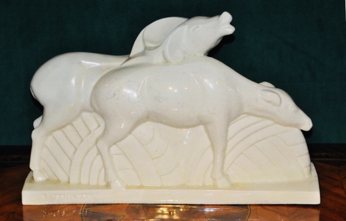 Crackled Faïence From Saint Clément, 1930. Pair Of Antelopes Signed By Charles Lemanceau-photo-2