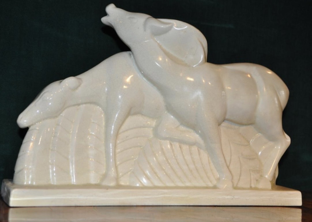 Crackled Faïence From Saint Clément, 1930. Pair Of Antelopes Signed By Charles Lemanceau-photo-3