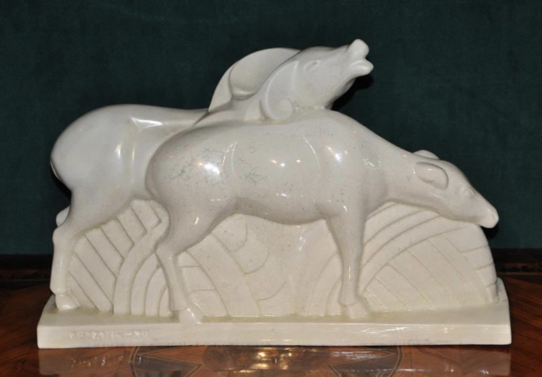Crackled Faïence From Saint Clément, 1930. Pair Of Antelopes Signed By Charles Lemanceau-photo-2