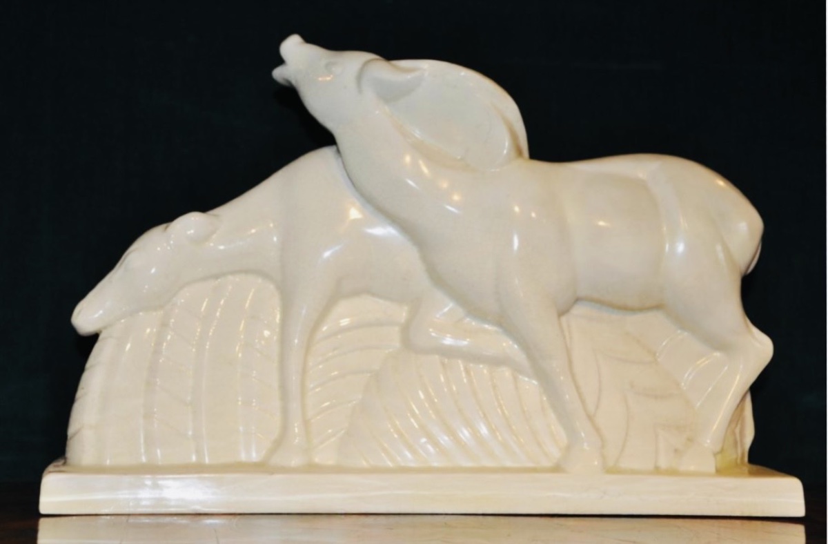 Crackled Faïence From Saint Clément, 1930. Pair Of Antelopes Signed By Charles Lemanceau