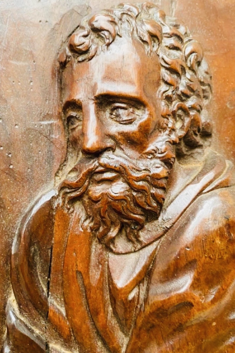 Saint Joseph With The Flowered Staff, Beautiful 17th-century Walnut Panel-photo-3