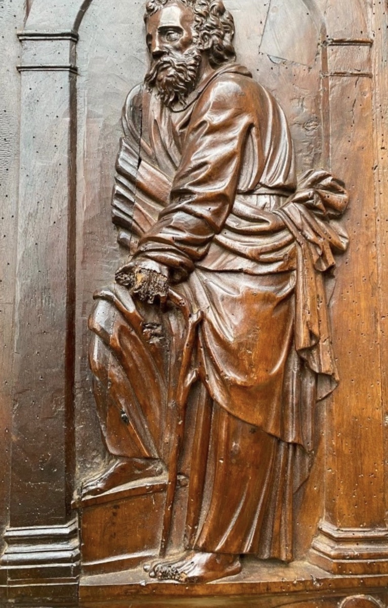 Saint Joseph With The Flowered Staff, Beautiful 17th-century Walnut Panel-photo-4