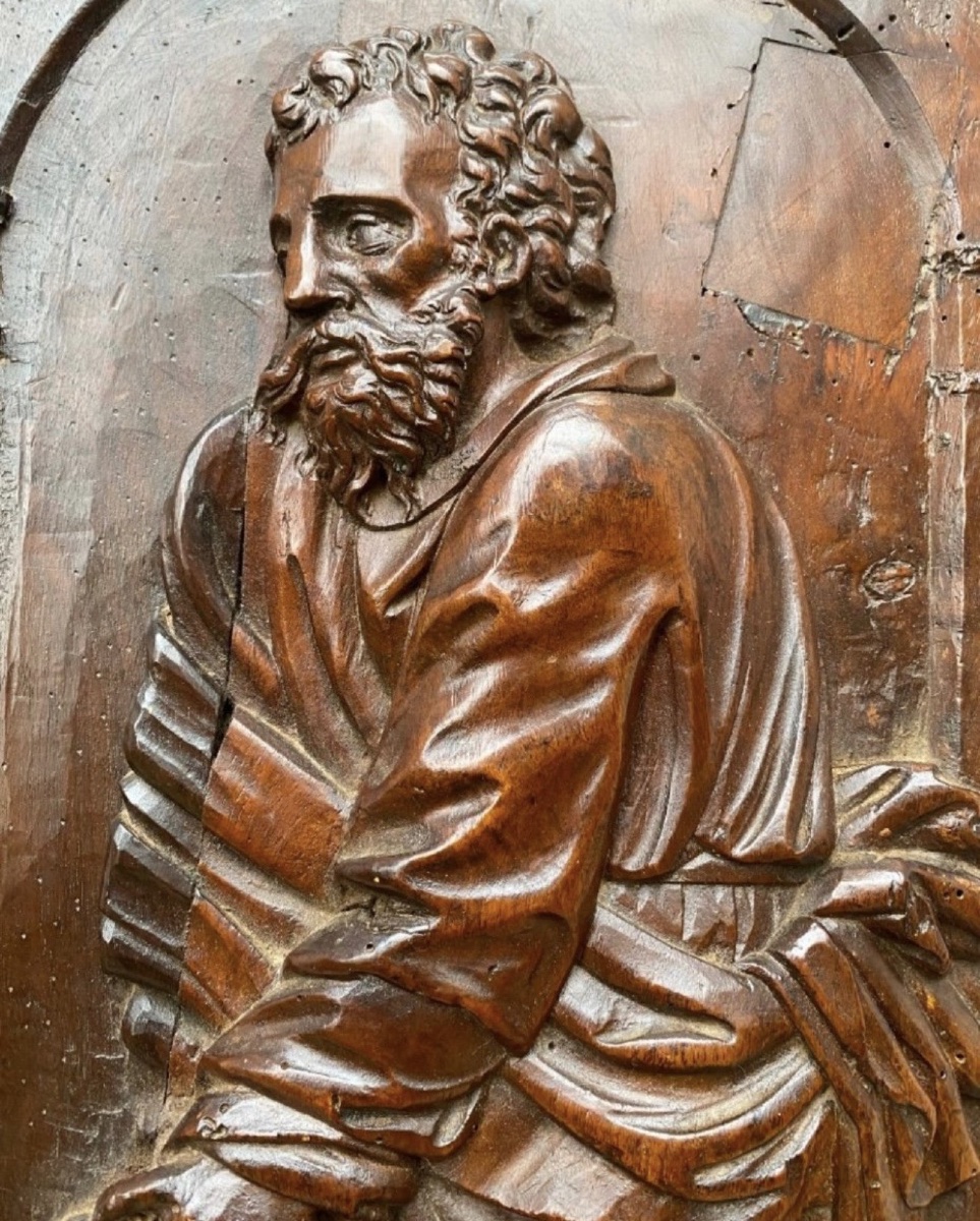 Saint Joseph With The Flowered Staff, Beautiful 17th-century Walnut Panel-photo-1