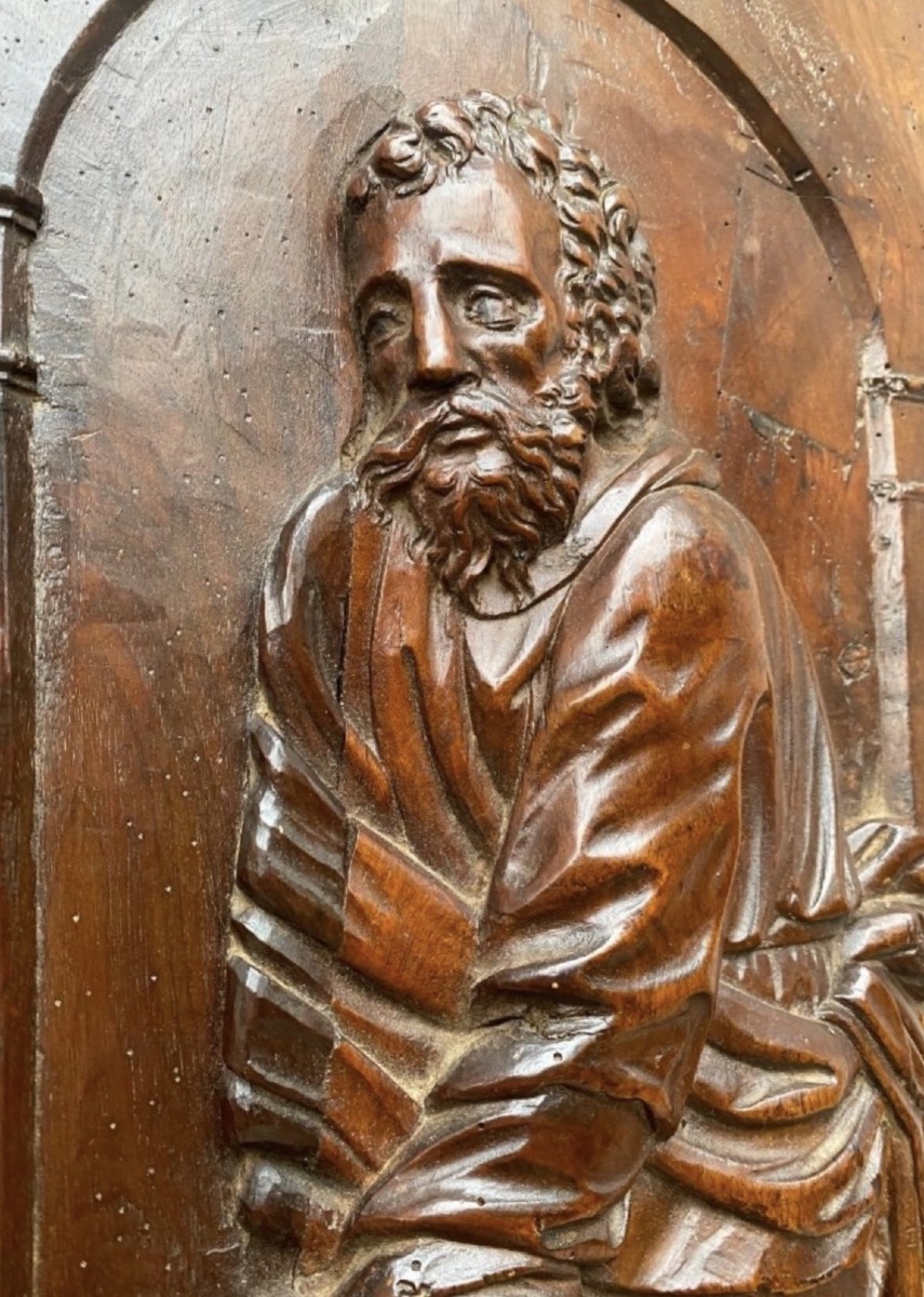 Saint Joseph With The Flowered Staff, Beautiful 17th-century Walnut Panel-photo-2