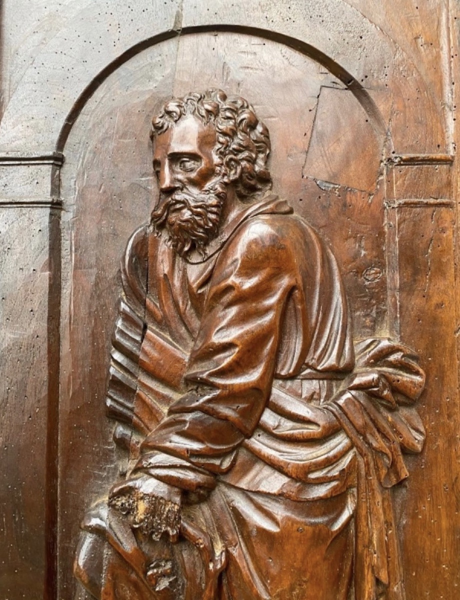 Saint Joseph With The Flowered Staff, Beautiful 17th-century Walnut Panel-photo-3