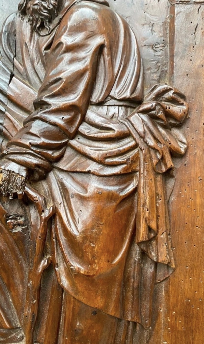 Saint Joseph With The Flowered Staff, Beautiful 17th-century Walnut Panel-photo-5