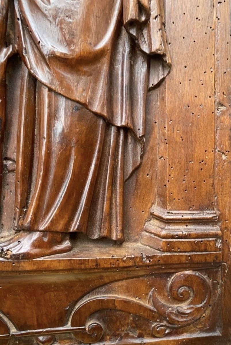 Saint Joseph With The Flowered Staff, Beautiful 17th-century Walnut Panel-photo-7