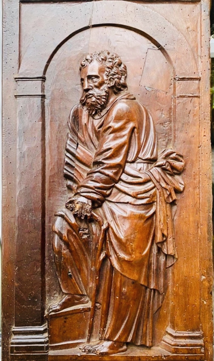 Saint Joseph With The Flowered Staff, Beautiful 17th-century Walnut Panel