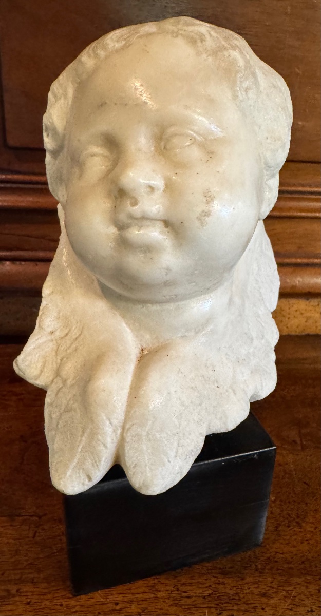 Carrara White Marble Angel's Head, 18th-century Italian Work-photo-2