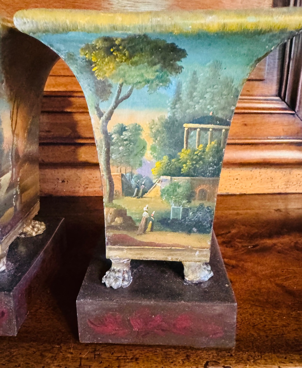PAIRE DE VASES cornets  EN TÔLE PEINTE DU XIX EME SIÈCLE-photo-3