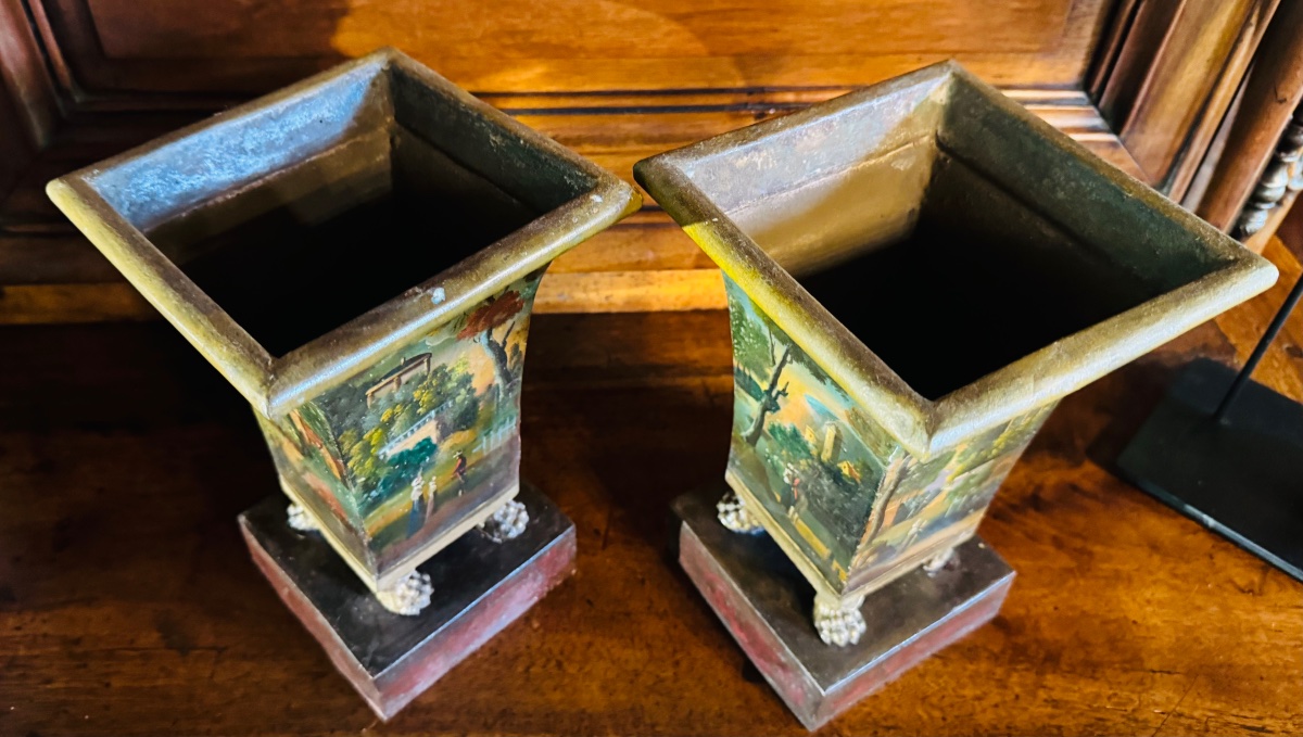 PAIRE DE VASES cornets  EN TÔLE PEINTE DU XIX EME SIÈCLE-photo-2