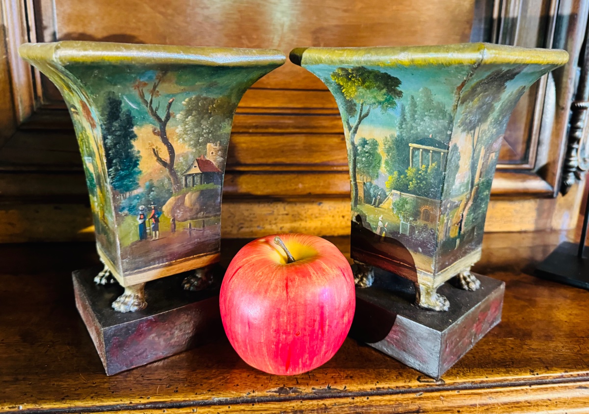 PAIRE DE VASES cornets  EN TÔLE PEINTE DU XIX EME SIÈCLE-photo-5