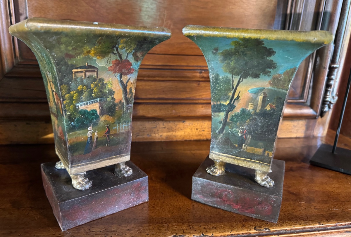 PAIRE DE VASES cornets  EN TÔLE PEINTE DU XIX EME SIÈCLE-photo-7