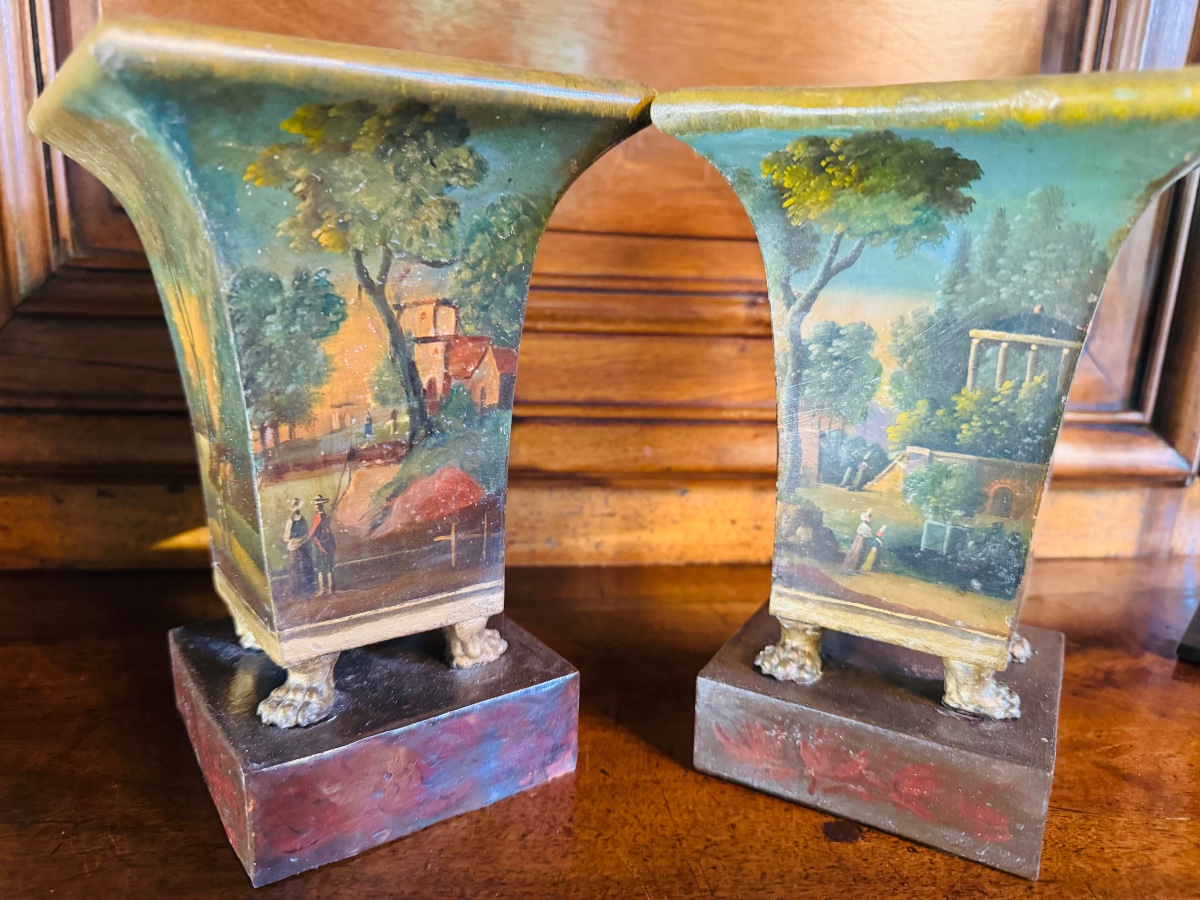 PAIRE DE VASES cornets  EN TÔLE PEINTE DU XIX EME SIÈCLE-photo-8