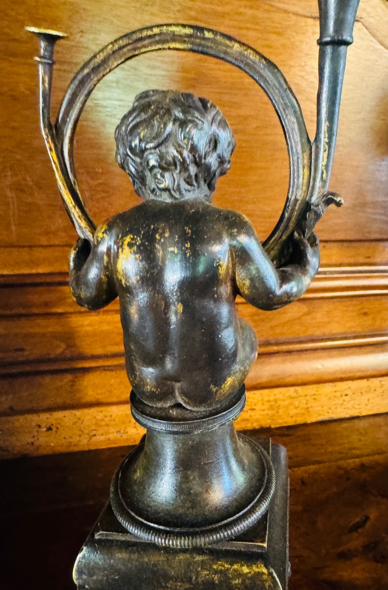 Putti With Hunting Horn, Lamp Holders In Bronze, Late 19th Century-photo-3