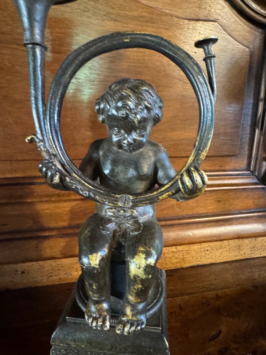 Putti With Hunting Horn, Lamp Holders In Bronze, Late 19th Century-photo-1