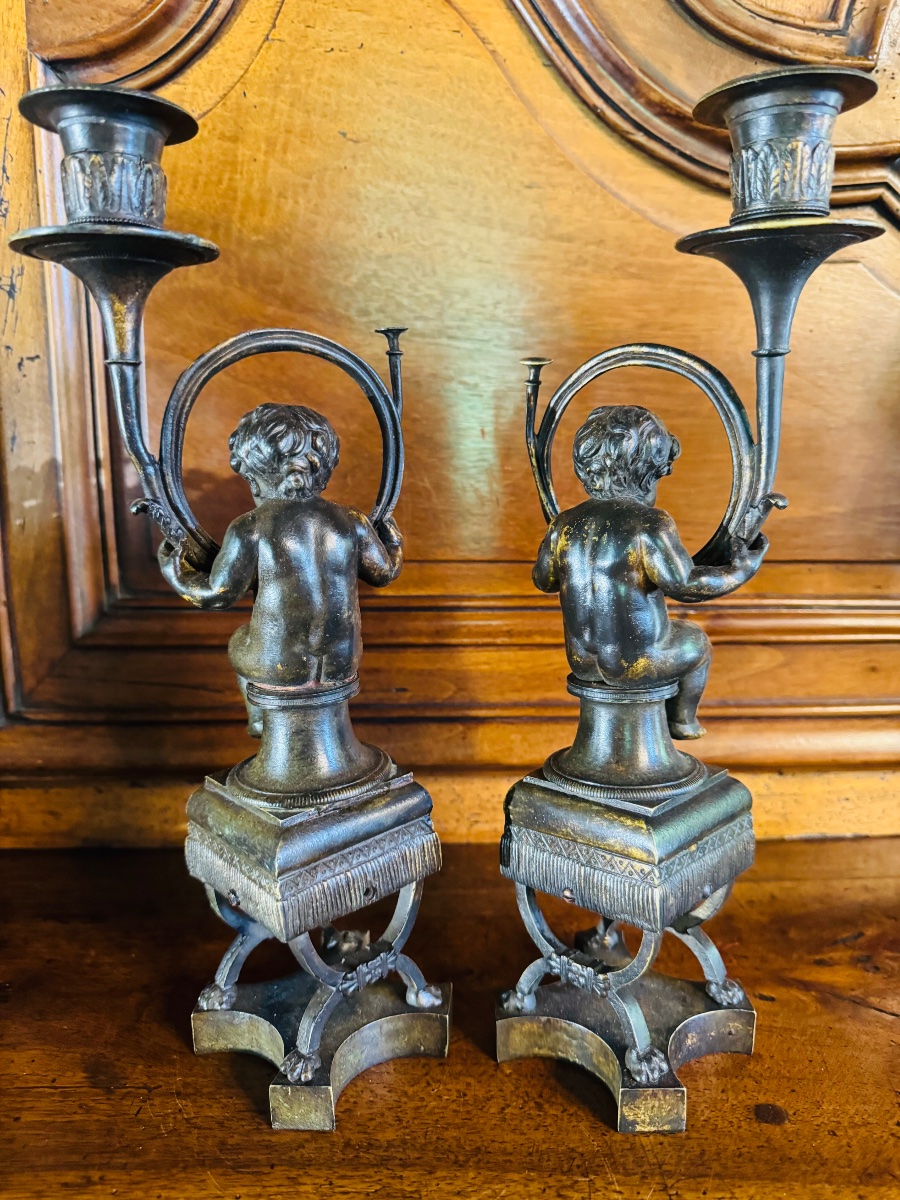 Putti With Hunting Horn, Lamp Holders In Bronze, Late 19th Century-photo-5
