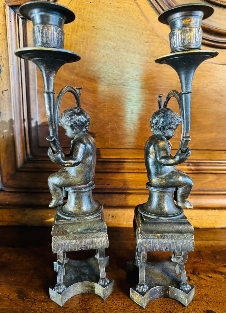 Putti With Hunting Horn, Lamp Holders In Bronze, Late 19th Century-photo-6