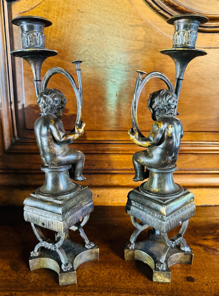 Putti With Hunting Horn, Lamp Holders In Bronze, Late 19th Century-photo-7