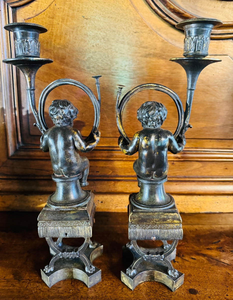 Putti With Hunting Horn, Lamp Holders In Bronze, Late 19th Century-photo-8