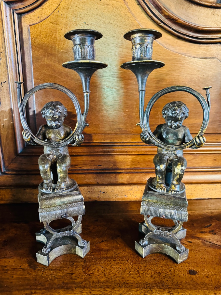 Putti With Hunting Horn, Lamp Holders In Bronze, Late 19th Century