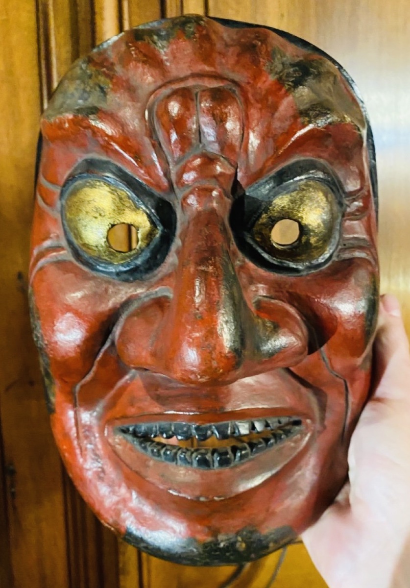 MASQUE DE THÉÂTRE JAPONAIS EN BOIS LAQUÉ, ÉPOQUE TAISHÕ - DÉBUT SHOWA-photo-3