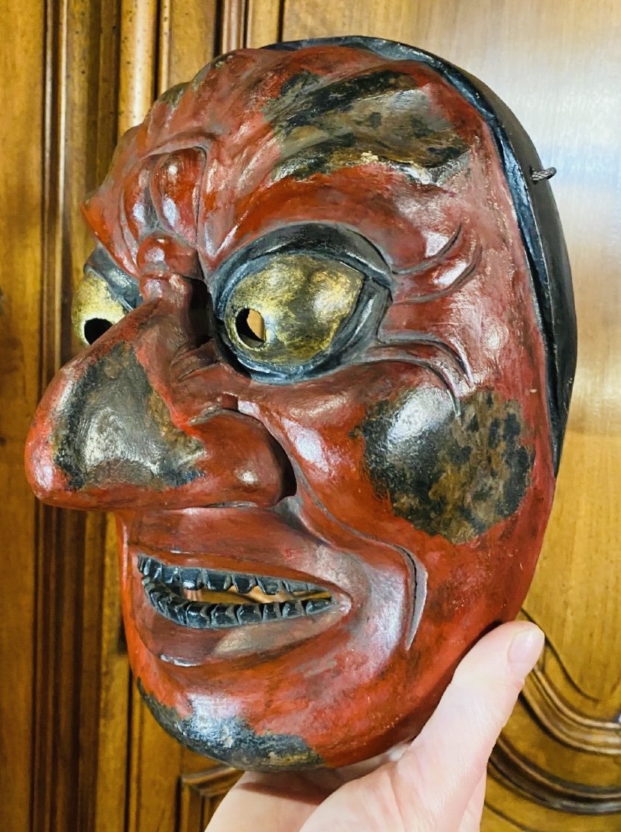 MASQUE DE THÉÂTRE JAPONAIS EN BOIS LAQUÉ, ÉPOQUE TAISHÕ - DÉBUT SHOWA-photo-5